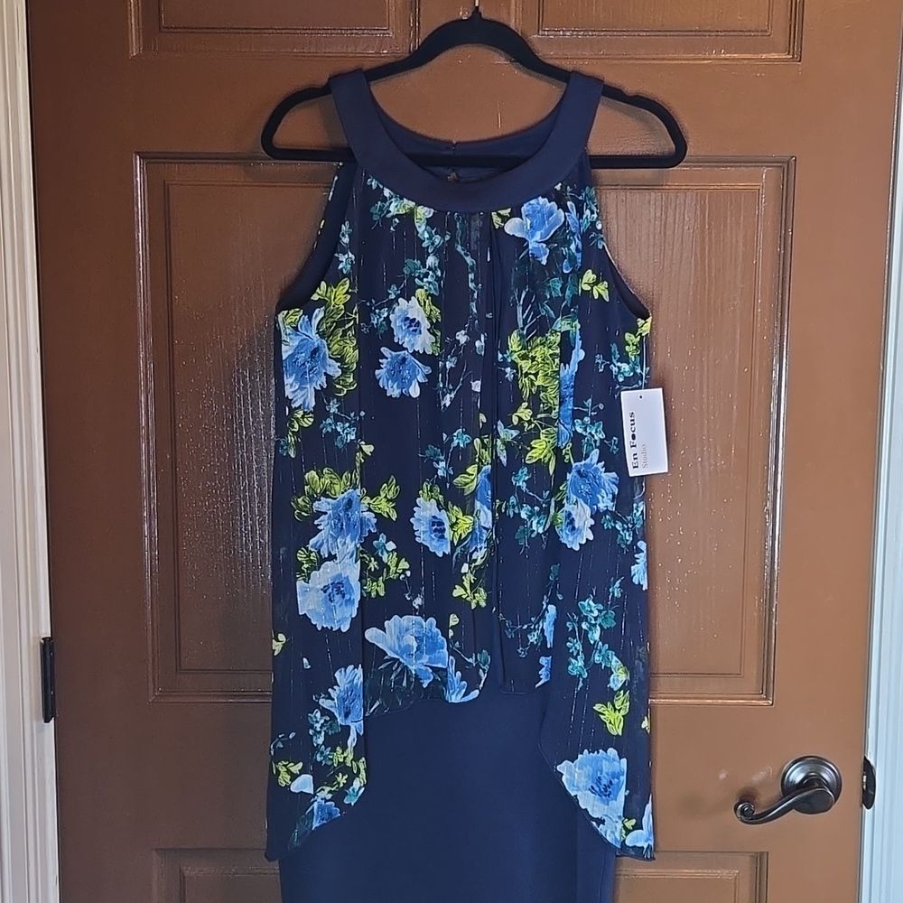 Enfocus Studio-Navy stretch sleeveless dress with navy print overlay Sz 14 NWT